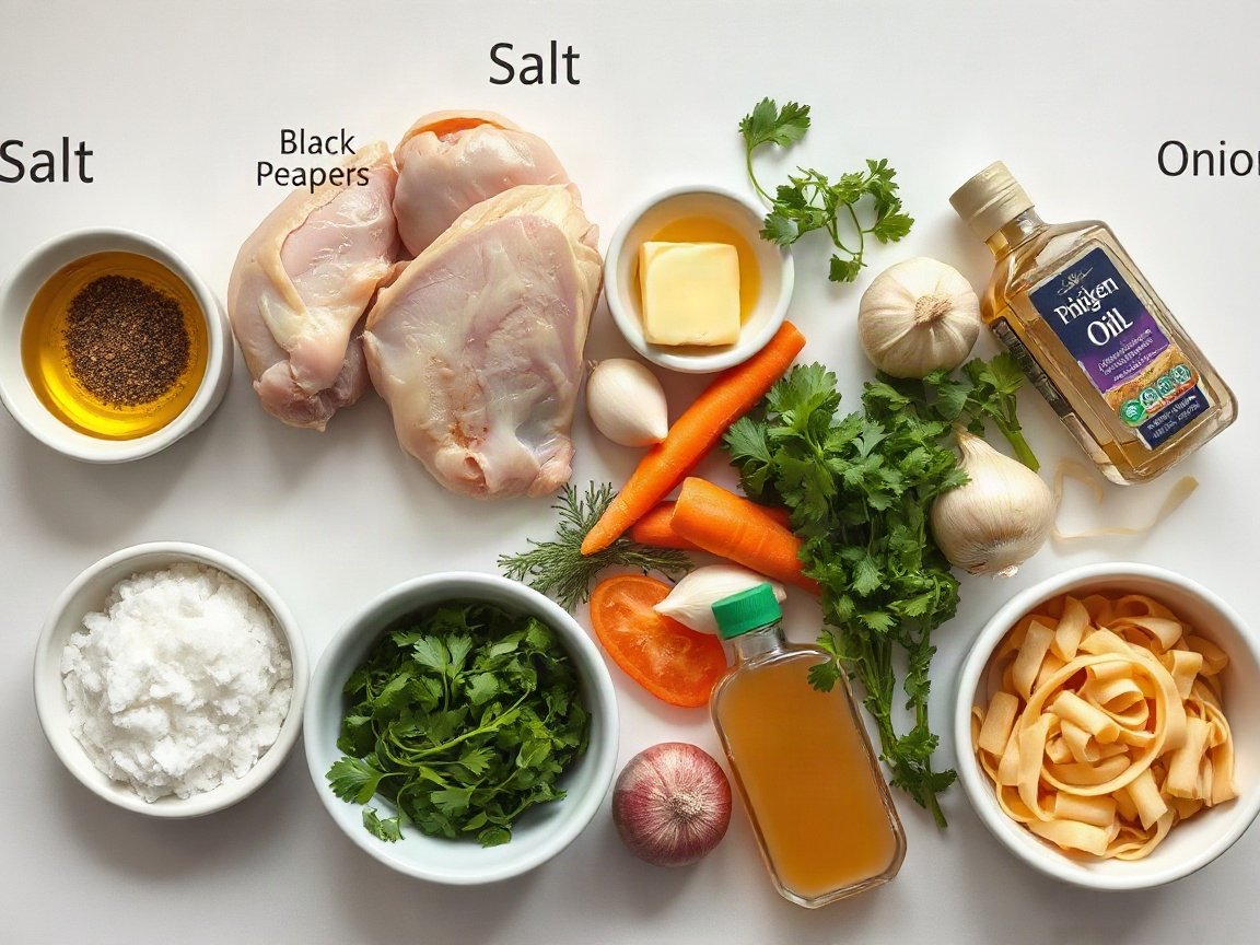 Chicken Noodle Soup for Two (Small-Batch Homemade) 4 Ingredients for Chicken Noodle Soup: chicken thighs, salt, black pepper, olive oil, butter, onion, celery, carrot, garlic, thyme, bay leaf, chicken broth, egg noodles and parsley