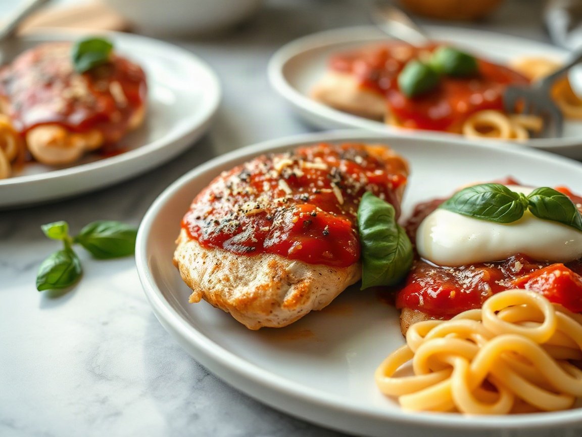 Chicken Parmesan for Two (Crispy, Never Soggy) 5 Chicken Parmesan plated as two servings, close-up