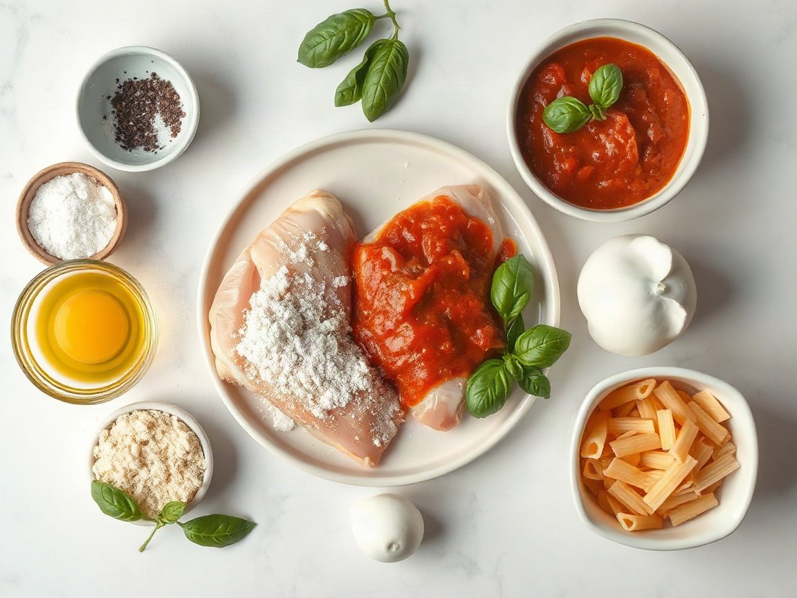 Chicken Parmesan for Two (Crispy, Never Soggy) 4 Ingredients for Chicken Parmesan: chicken breast, salt, black pepper, flour, egg, panko, Parmesan, olive oil, tomato sauce, mozzarella, basil and pasta