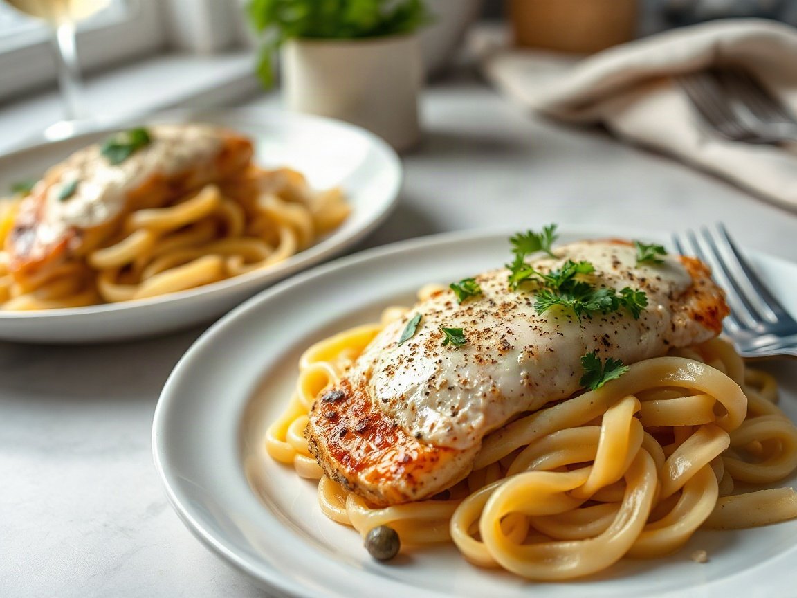 Chicken Piccata plated as two servings, close-up