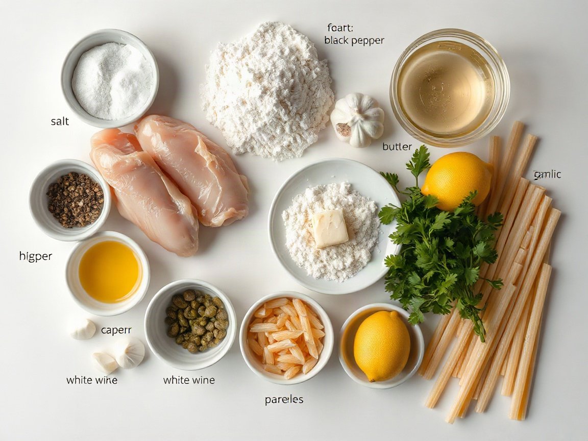 Ingredients for Chicken Piccata: chicken breast, salt, black pepper, flour, olive oil, butter, garlic, white wine, chicken broth, capers, lemon, parsley and pasta