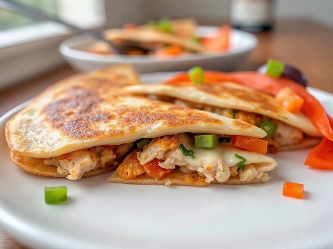Chicken Quesadillas for Two (Easy Skillet Quesadillas) 5 Chicken Quesadillas for Two (Easy Skillet Quesadillas) plated as two servings, close-up