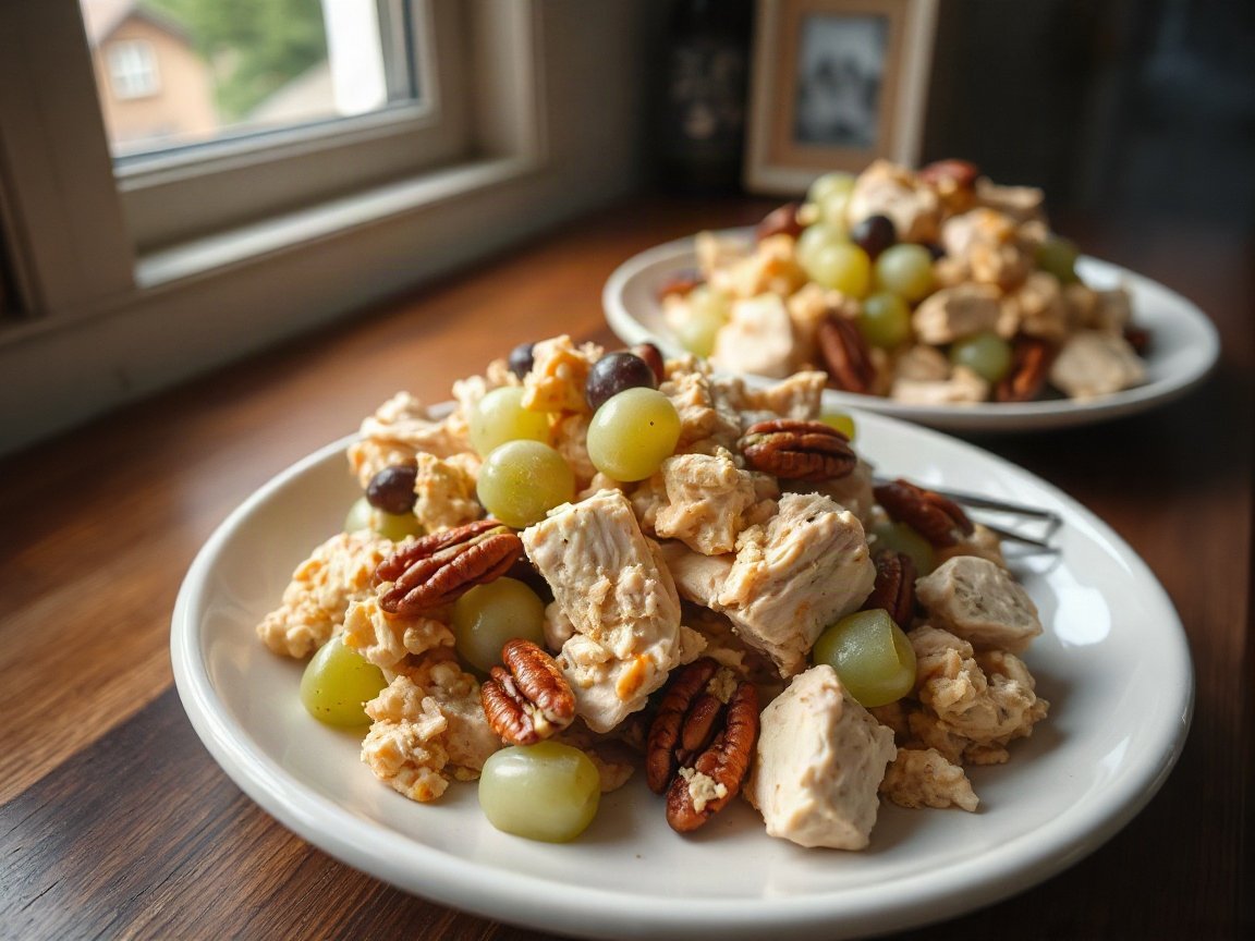 Chicken Salad for Two (Easy, with Grapes and Pecans) 5 Chicken Salad plated as two servings, close-up