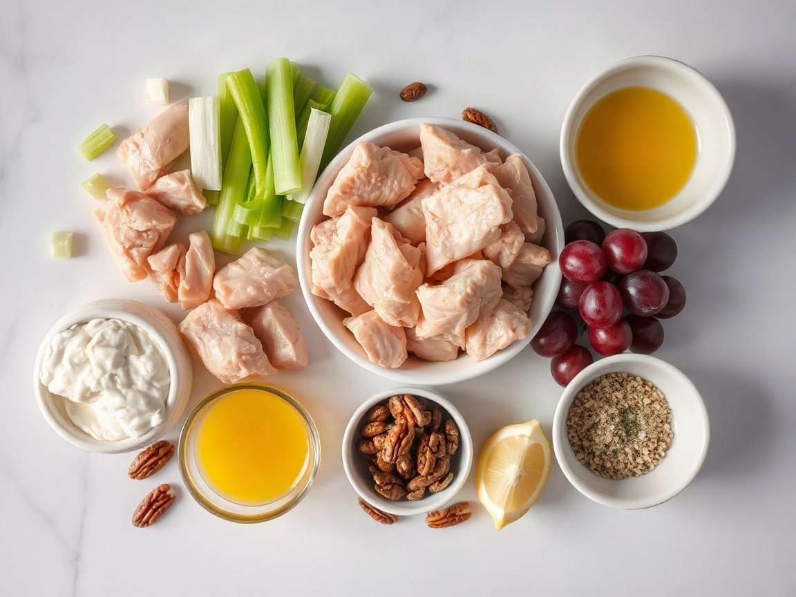 Chicken Salad for Two (Easy, with Grapes and Pecans) 4 Ingredients for Chicken Salad: chicken, mayonnaise, celery, green onion, grapes, pecans, Dijon mustard, lemon juice, dill, salt, black pepper and serving