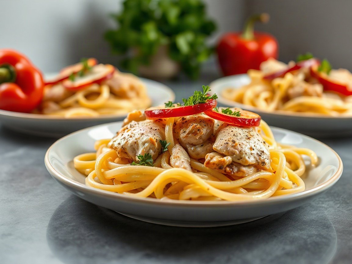 Chicken Scampi for Two (Garlic Lemon Chicken Pasta) 5 Chicken Scampi plated as two servings, close-up