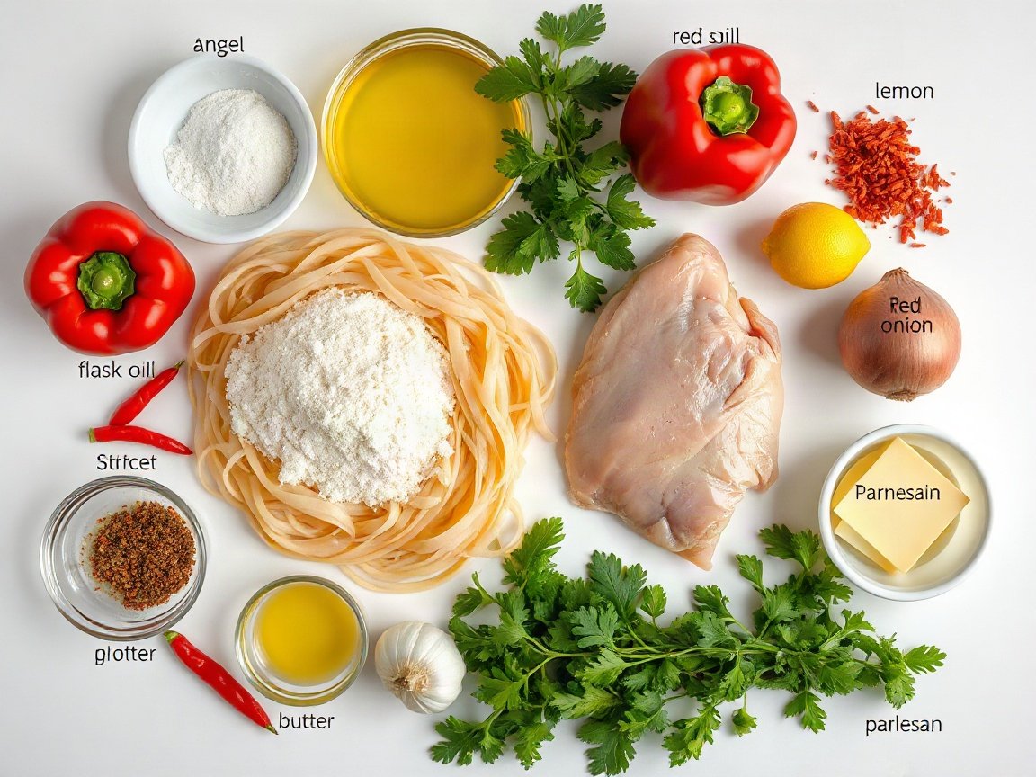 Chicken Scampi for Two (Garlic Lemon Chicken Pasta) 4 Ingredients for Chicken Scampi: angel hair, chicken breast, flour, kosher salt, black pepper, olive oil, butter, red bell pepper, red onion, garlic, red pepper flakes, chicken broth, lemon juice, Parmesan, parsley and pasta water