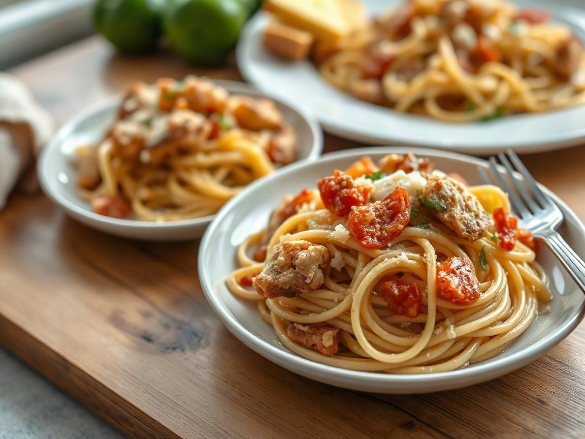Chicken Spaghetti for Two (Creamy, Cheesy and Baked) 5 Chicken Spaghetti plated as two servings, close-up