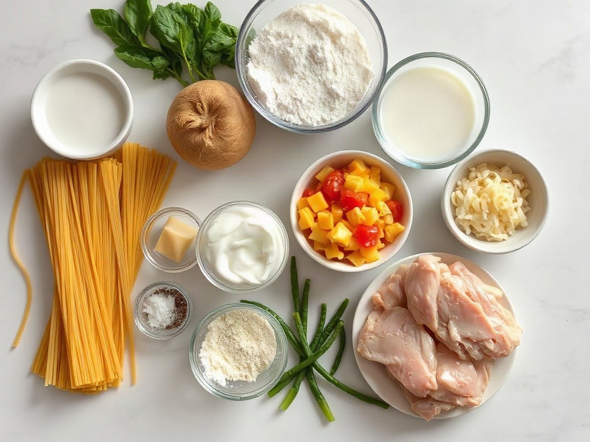 Chicken Spaghetti for Two (Creamy, Cheesy and Baked) 4 Ingredients for Chicken Spaghetti: spaghetti, butter, flour, milk, broth, cheddar, tomatoes with green chiles, sour cream, garlic powder, onion powder, salt, pepper, chicken and fried onions