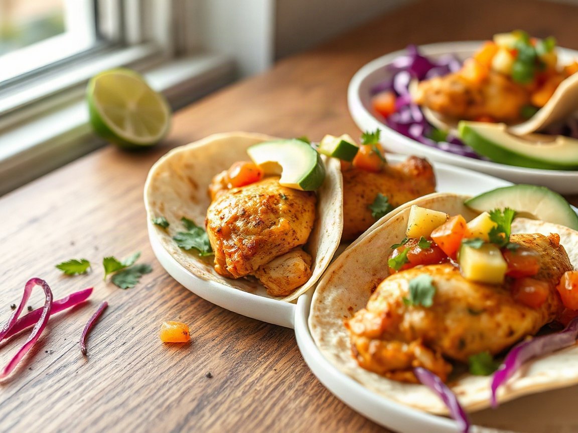 Chicken Tacos for Two (Easy Skillet Chicken Taco Recipe) 5 Chicken Tacos for Two (Easy Skillet Chicken Taco Recipe) plated as two servings, close-up