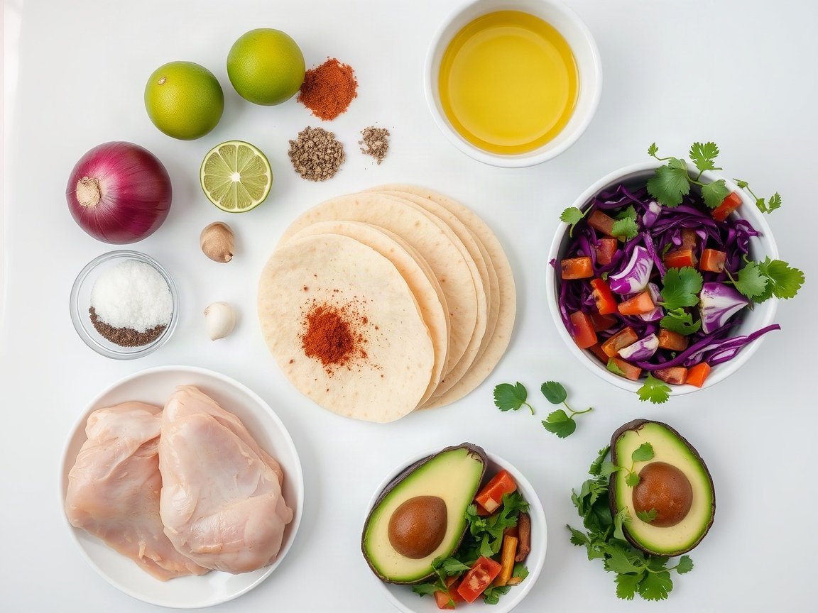 Chicken Tacos for Two (Easy Skillet Chicken Taco Recipe) 4 Ingredients for Chicken Tacos for Two (Easy Skillet Chicken Taco Recipe): red onion, limes, salt, chili powder, cumin, smoked paprika, dried oregano, garlic powder, black pepper, chicken thighs, olive oil, garlic, chicken broth, tortillas, red cabbage, avocado, cilantro and salsa