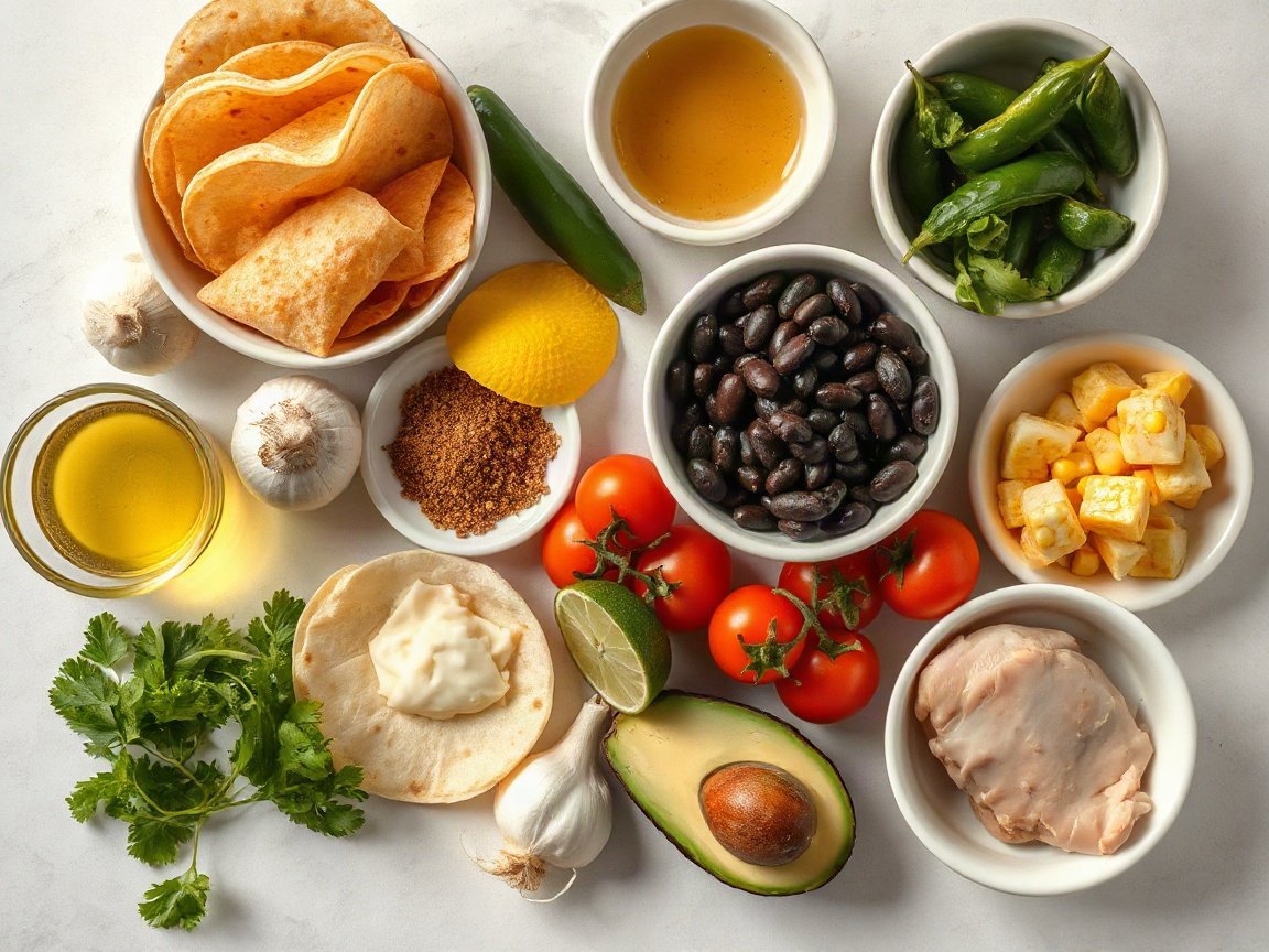 Chicken Tortilla Soup for Two (Easy, Smoky and One-Pot) 4 Ingredients for Chicken Tortilla Soup: corn tortillas, olive oil, olive oil, onion, jalapeño, garlic, chili powder, cumin, salt, chicken broth, tomatoes, corn, black beans, chicken breast, lime juice, cilantro and avocado