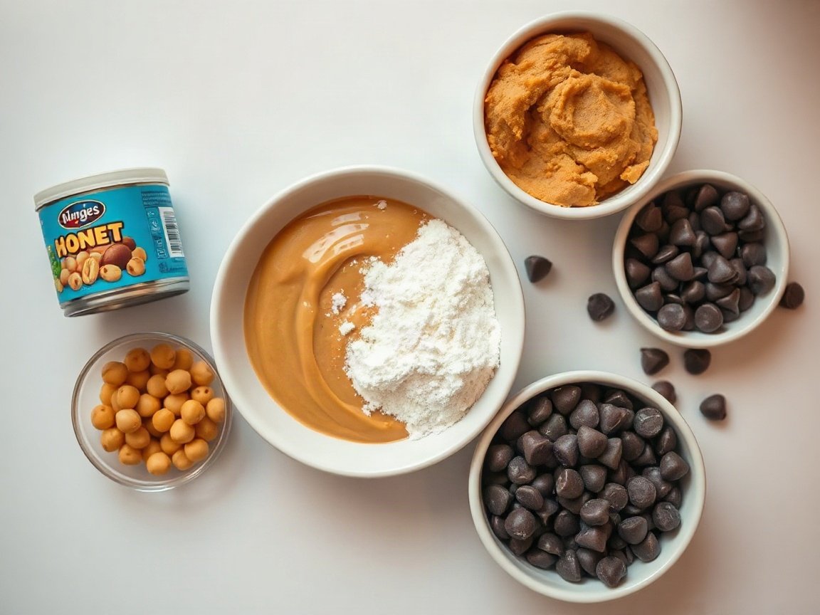 Chickpea Cookies for Two (Flourless Chocolate Chip Cookies) 4 Ingredients for Chickpea Cookies: canned chickpeas, creamy peanut butter, honey, vanilla extract, baking powder, salt and semisweet chocolate chips