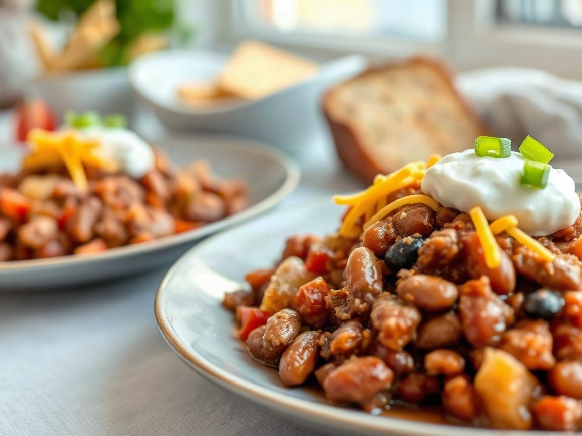 Chili for 2 (Easy Small-Batch Beef and Bean Chili) 5 Chili plated as two servings, close-up