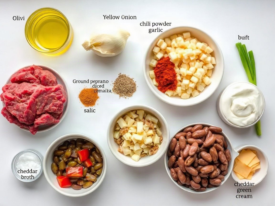 Chili for 2 (Easy Small-Batch Beef and Bean Chili) 4 Ingredients for Chili: olive oil, 85/15 ground beef, yellow onion, garlic, chili powder, ground cumin, smoked paprika, dried oregano, salt, diced tomatoes, kidney beans, low-sodium beef broth, cheddar cheese, sour cream and green onion