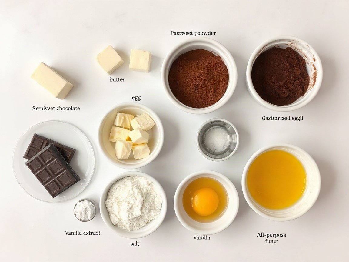 Chocolate Lava Cake for 2 (Easy Molten Cakes in Ramekins) 4 Ingredients for Chocolate Lava Cake: butter for the ramekins, cocoa powder for the ramekins, semisweet chocolate, unsalted butter, pasteurized egg, pasteurized egg yolk, granulated sugar, vanilla extract, salt and all-purpose flour