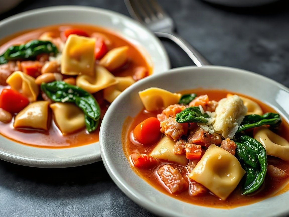 Christmas Tortellini Soup for Two (Easy Red and Green Soup) 5 Christmas Tortellini Soup plated as two servings, close-up