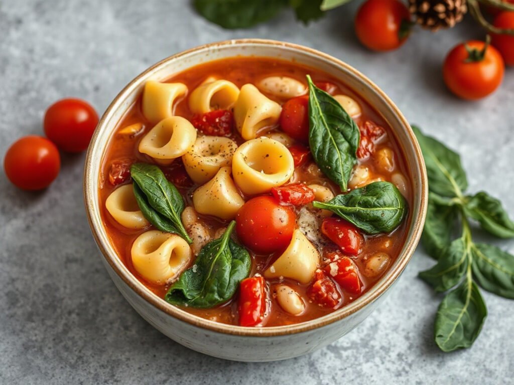 Christmas Tortellini Soup, fully cooked and ready to serve for two