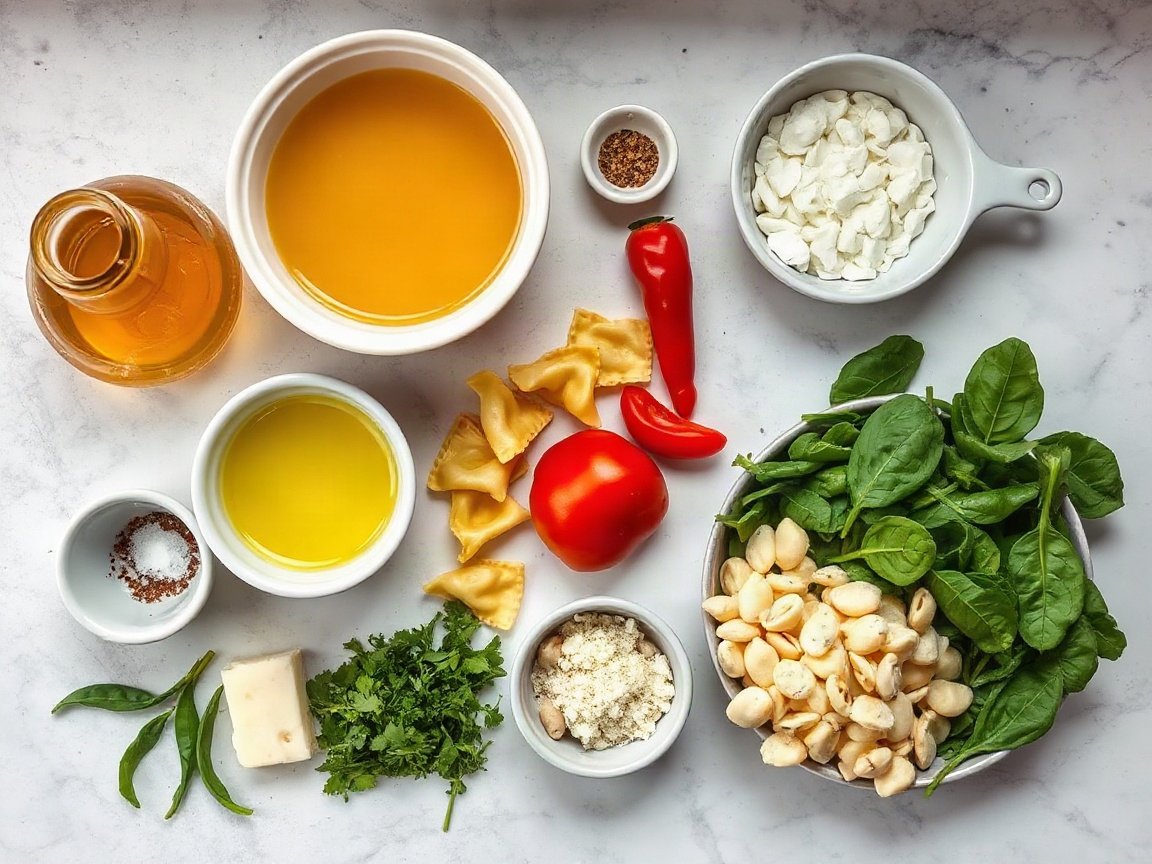 Christmas Tortellini Soup for Two (Easy Red and Green Soup) 4 Ingredients for Christmas Tortellini Soup: olive oil, onion, garlic, Italian seasoning, red pepper flakes, broth, diced tomatoes, cannellini beans, salt, black pepper, cheese tortellini, baby spinach and Parmesan