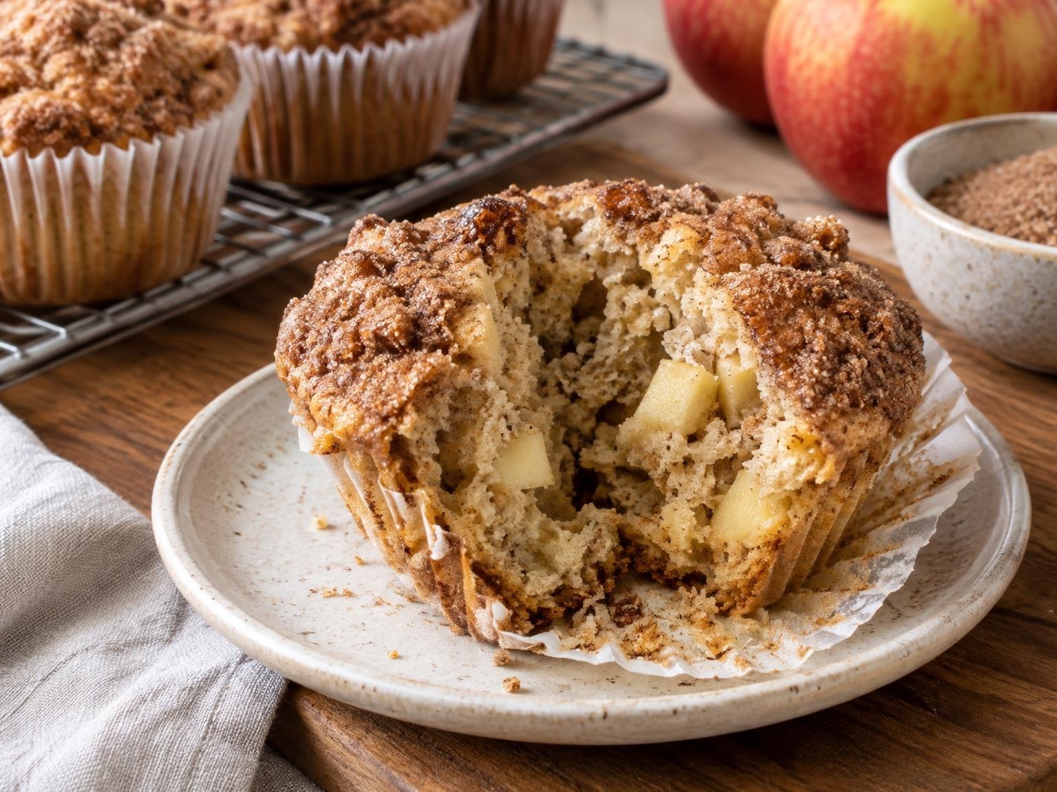 Cinnamon Apple Muffins served: One cinnamon apple muffin on a small ceramic plate, broken open to show a soft, tender crumb dotted with soft diced apple pieces, cinnamon-sugar crust on top.