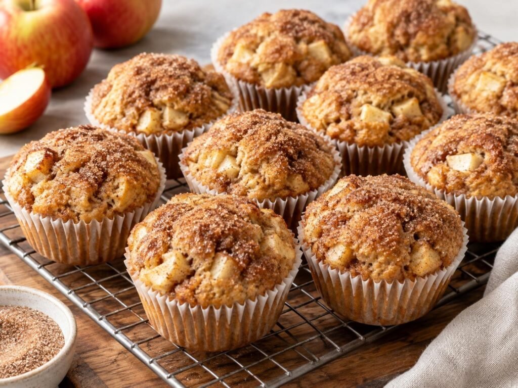 Cinnamon Apple Muffins: A batch of golden cinnamon apple muffins in white paper liners on a cooling rack, domed tops coated with sparkling cinnamon sugar, small pieces of apple visible at the edges.