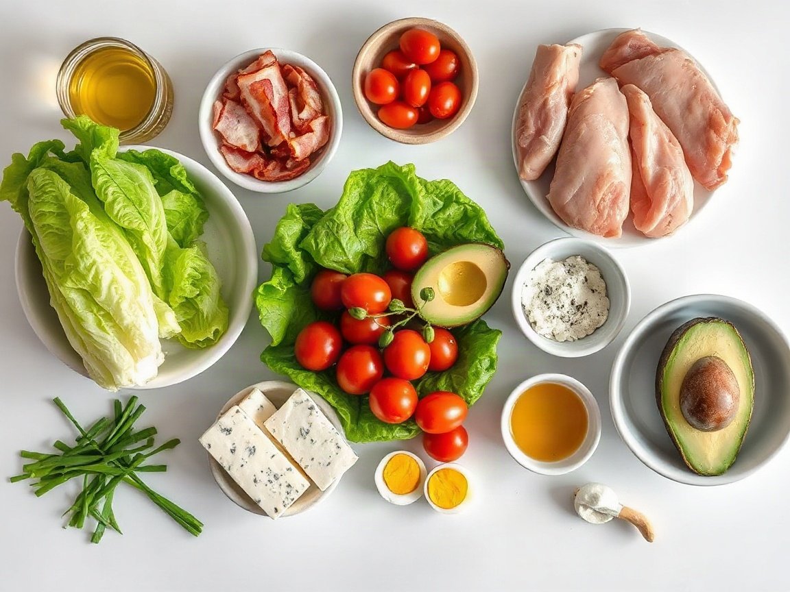 Ingredients for Cobb Salad: chicken breasts, olive oil, salt, black pepper, bacon, eggs, romaine lettuce, cherry tomatoes, avocado, blue cheese, chives, extra virgin olive oil, apple cider vinegar, Dijon mustard, shallot, sugar, dressing salt and dressing pepper
