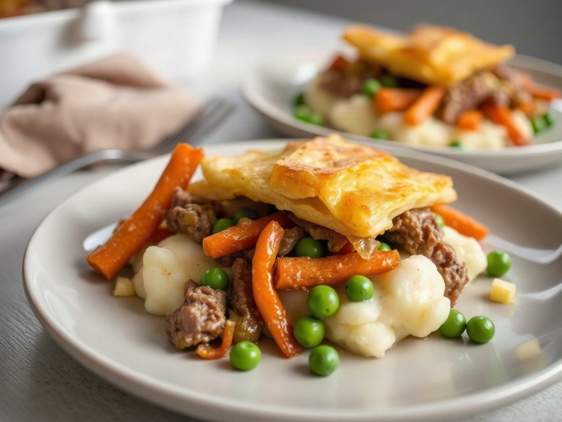 Cottage Pie with Leftover Roast Beef plated as two servings, close-up