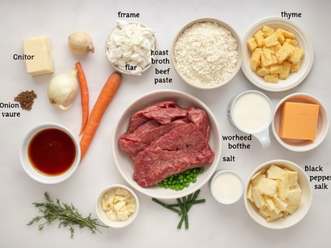 Ingredients for Cottage Pie with Leftover Roast Beef: butter, onion, carrot, garlic, flour, tomato paste, beef broth, Worcestershire sauce, thyme, salt, black pepper, roast beef, frozen peas, mashed potatoes, milk and cheddar