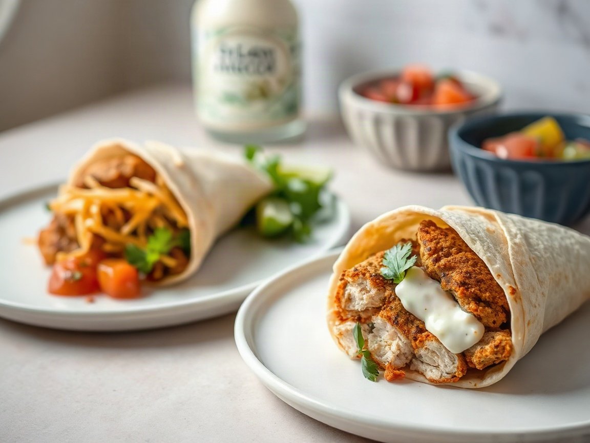 Crispy Chicken Wraps plated as two servings, close-up