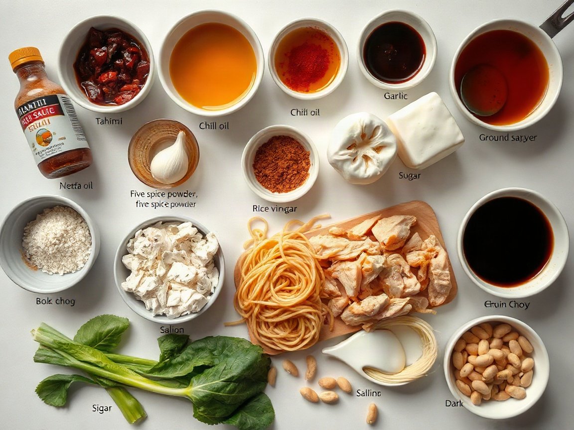 Dan Dan Noodles for Two (Spicy, Nutty and Ready in 30 Minutes) 4 Ingredients for Dan Dan Noodles: tahini, light soy sauce, chili oil, garlic, sugar, five spice powder, Sichuan pepper, rice vinegar, chicken broth, neutral oil, ground chicken, hoisin sauce, dark soy sauce, noodles, bok choy, scallions and peanuts