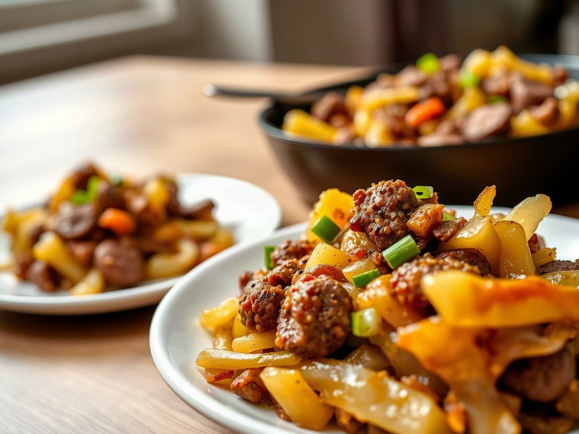 Dirty Cabbage for Two (Cajun Skillet Cabbage with Beef and Sausage) 5 Dirty Cabbage for Two (Cajun Skillet Cabbage with Beef and Sausage) plated as two servings, close-up