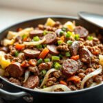 Dirty Cabbage for Two (Cajun Skillet Cabbage with Beef and Sausage) 6 Dirty Cabbage for Two (Cajun Skillet Cabbage with Beef and Sausage), fully cooked and ready to serve for two
