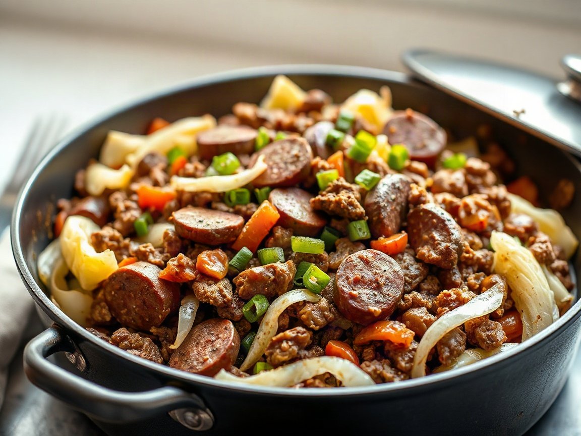 Dirty Cabbage for Two (Cajun Skillet Cabbage with Beef and Sausage)