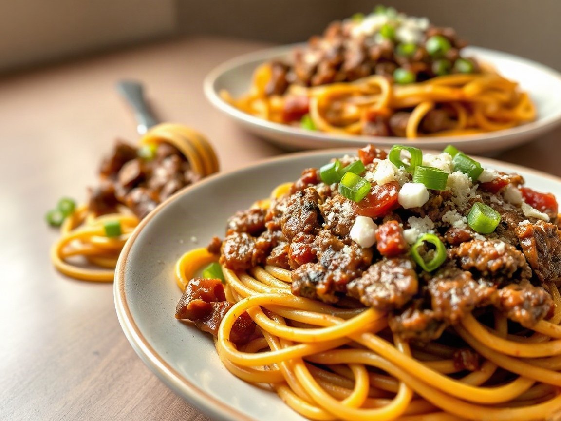 Dirty Spaghetti for Two (Cajun Beef Spaghetti in a Dirty-Rice Gravy) 5 Dirty Spaghetti for Two (Cajun Beef Spaghetti in a Dirty-Rice Gravy) plated as two servings, close-up