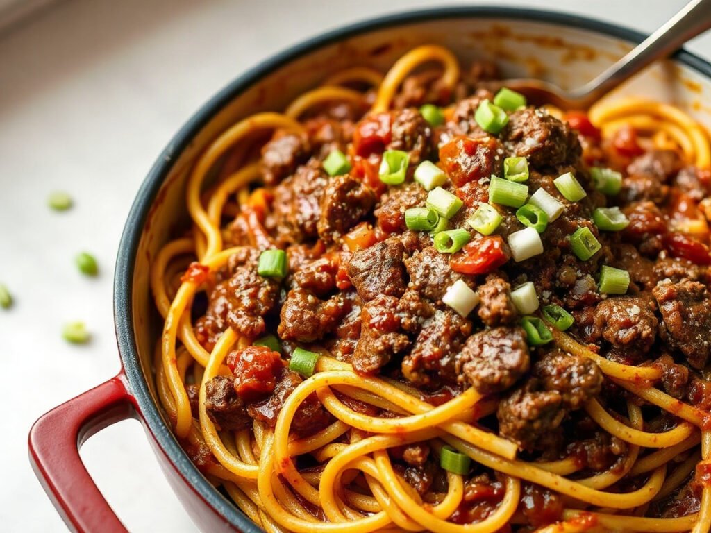 Dirty Spaghetti for Two (Cajun Beef Spaghetti in a Dirty-Rice Gravy), fully cooked and ready to serve for two