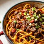 Dirty Spaghetti for Two (Cajun Beef Spaghetti in a Dirty-Rice Gravy) 6 Dirty Spaghetti for Two (Cajun Beef Spaghetti in a Dirty-Rice Gravy), fully cooked and ready to serve for two