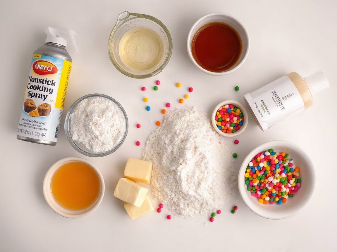 Ingredients for Dot Cakes: nonstick cooking spray, unsalted butter, melted, whole milk, egg white, vanilla extract, all-purpose flour, granulated sugar, baking powder, salt, unsalted butter, softened, powdered sugar, salt for the frosting, whole milk for the frosting, vanilla extract for the frosting and rainbow nonpareils