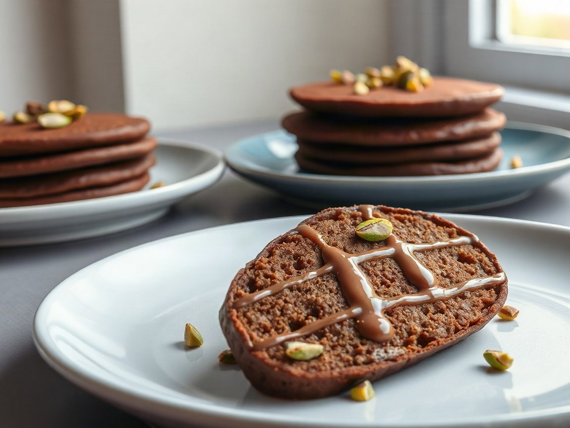 Dubai Chocolate Pancakes for Two (Pistachio Kataifi Stack) 5 Dubai Chocolate Pancakes plated as two servings, close-up