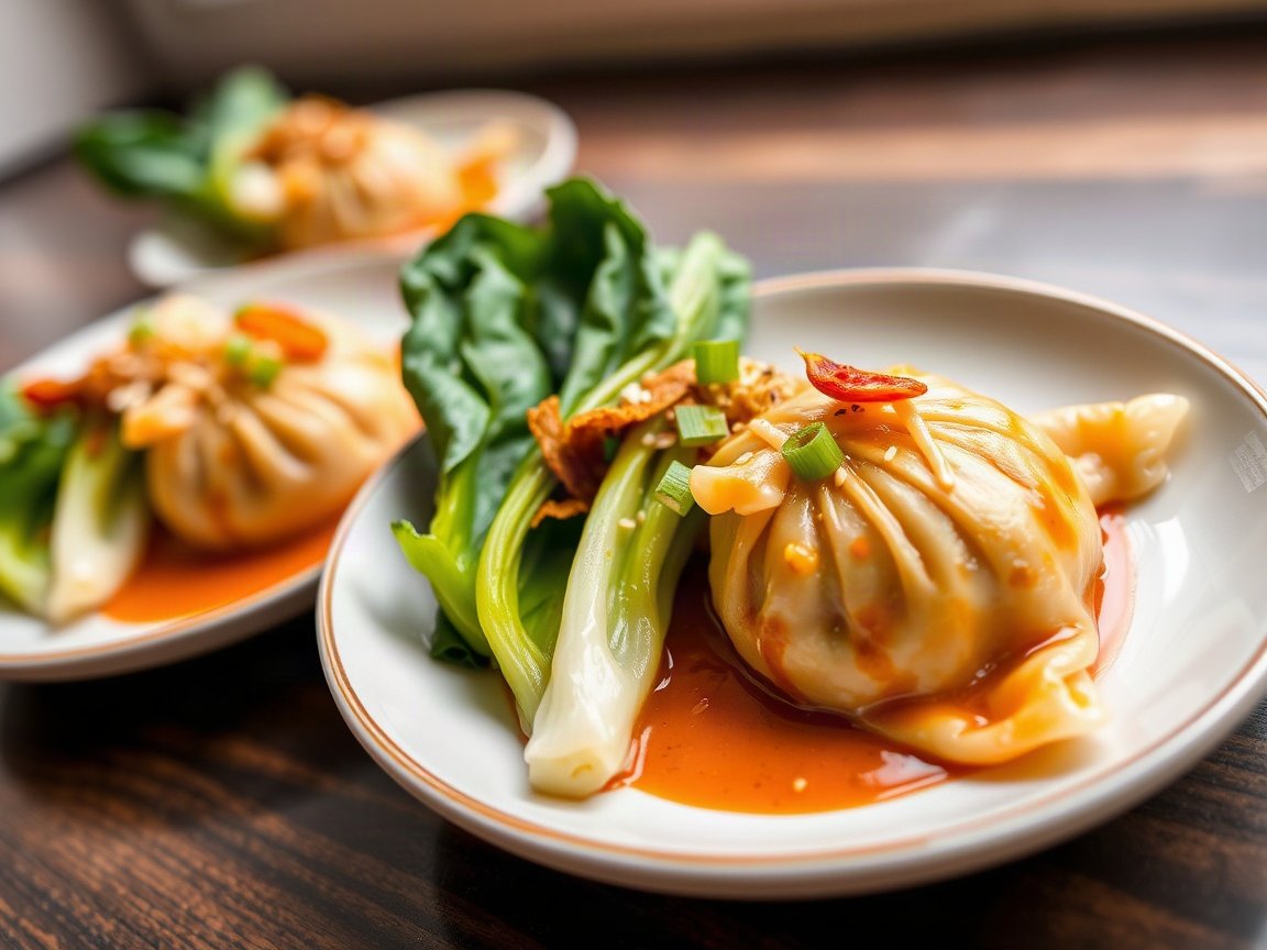 Dumpling Bake for Two (Coconut Red Curry with Bok Choy) 5 Dumpling Bake for Two (Coconut Red Curry with Bok Choy) plated as two servings, close-up