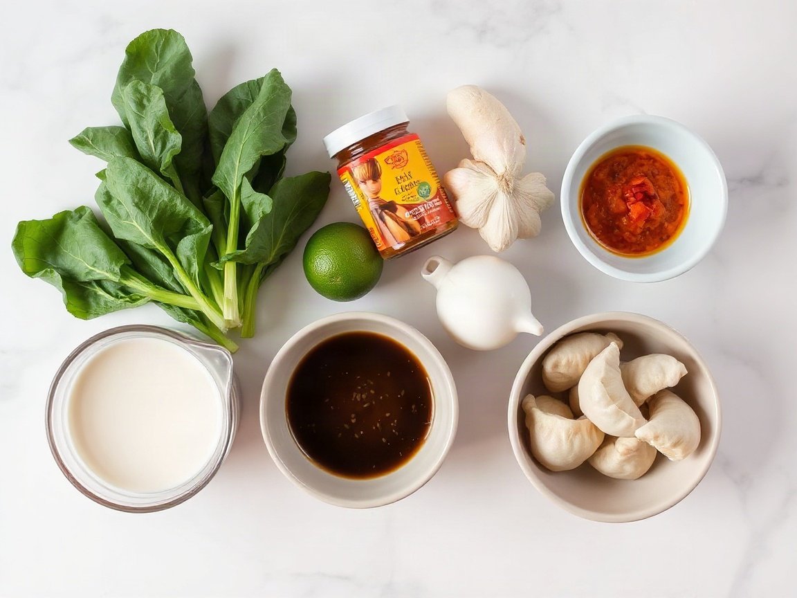 Dumpling Bake for Two (Coconut Red Curry with Bok Choy) 4 Ingredients for Dumpling Bake for Two (Coconut Red Curry with Bok Choy): coconut milk, water, Thai red curry paste, garlic, ginger, soy sauce, brown sugar, lime juice, toasted sesame oil, baby bok choy, frozen dumplings, green onions, sesame seeds and chili crisp