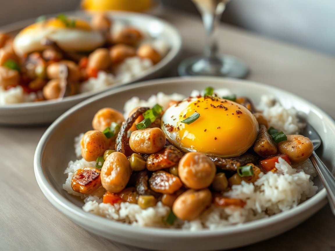Egg Boil plated as two servings, close-up