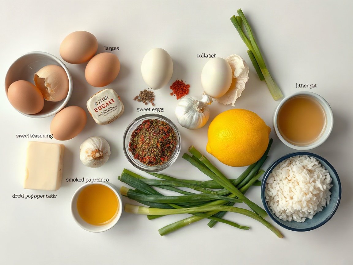 Ingredients for Egg Boil: large eggs, unsalted butter, sweet onion, garlic, brown sugar, Old Bay seasoning, smoked paprika, dried oregano, garlic powder, red pepper flakes, chicken broth, lemon, scallions and rice