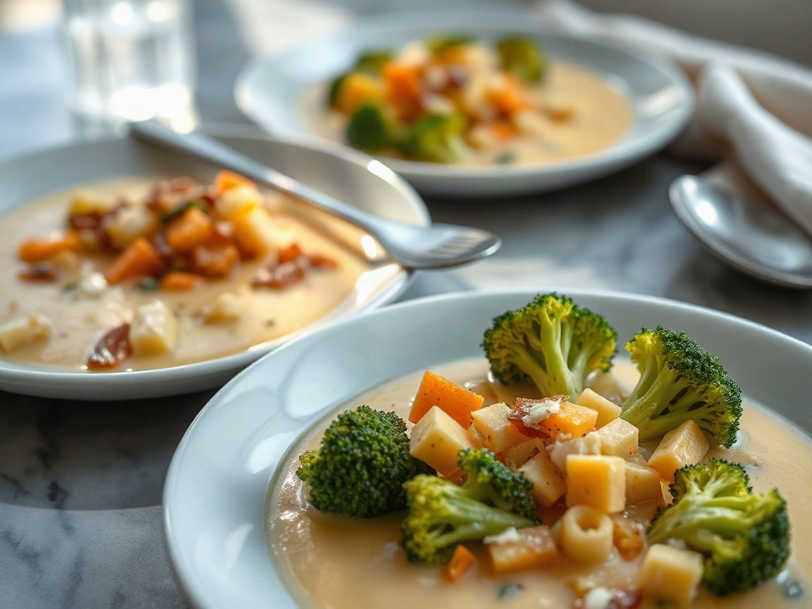 Freezer Broccoli Cheddar Soup for Two (Make-Ahead, Freezer-Friendly) 5 Freezer Broccoli Cheddar Soup plated as two servings, close-up