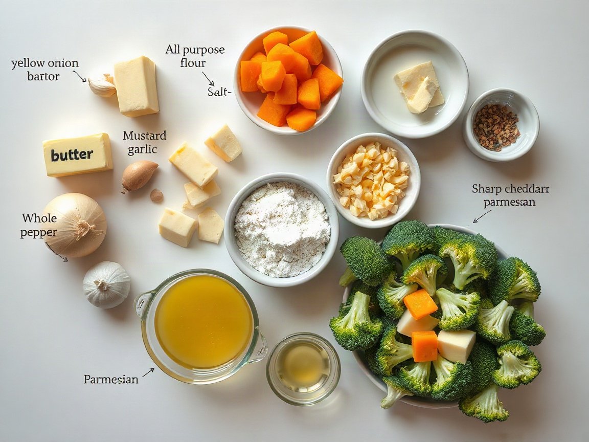Freezer Broccoli Cheddar Soup for Two (Make-Ahead, Freezer-Friendly) 4 Ingredients for Freezer Broccoli Cheddar Soup: unsalted butter, yellow onion, carrot, garlic, all-purpose flour, mustard powder, salt, black pepper, whole milk, vegetable broth, broccoli florets, sharp cheddar and Parmesan