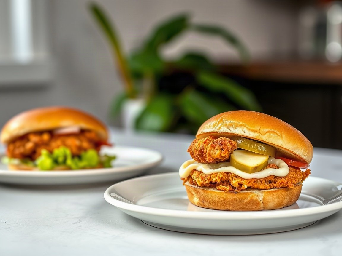 Fried Chicken Sandwiches plated as two servings, close-up