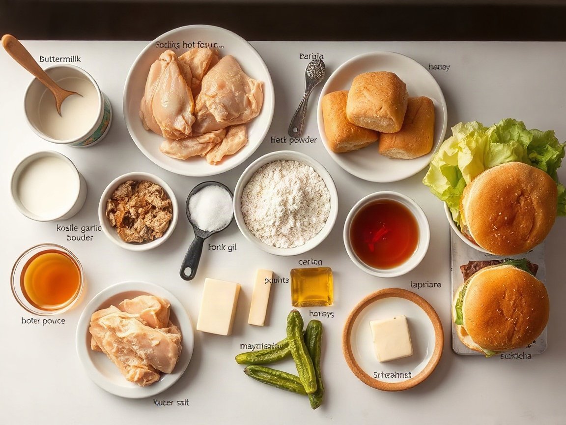 Ingredients for Fried Chicken Sandwiches: chicken thighs, buttermilk, hot sauce, kosher salt, garlic powder, flour, paprika, onion powder, baking powder, black pepper, cayenne, neutral oil, mayonnaise, honey, sriracha, burger buns, butter, lettuce and pickles