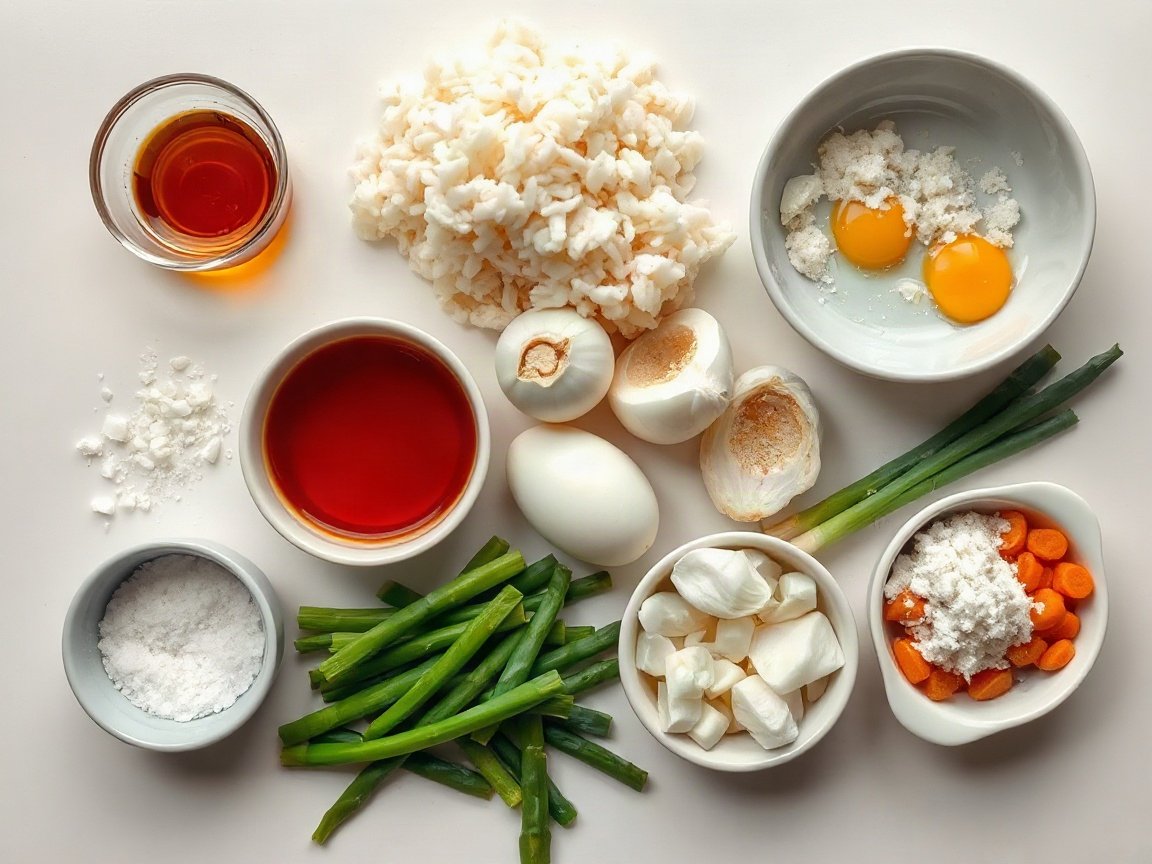 Ingredients for Fried Rice from Leftover Rice: cold cooked white rice, low-sodium soy sauce, toasted sesame oil, neutral oil, eggs, salt, onion, garlic, green onions, frozen peas and carrots and white pepper