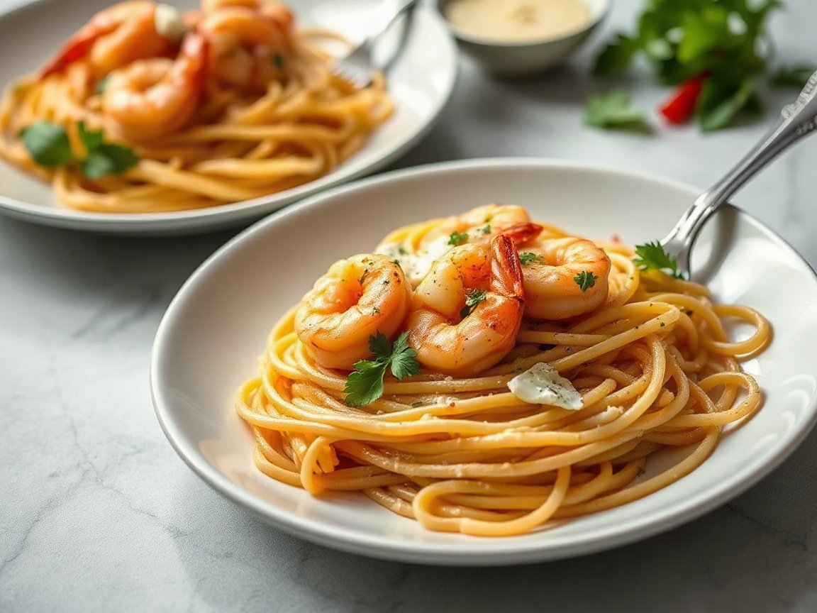 Garlic Shrimp Pasta plated as two servings, close-up