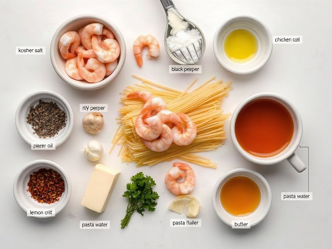 Ingredients for Garlic Shrimp Pasta: kosher salt, spaghetti, shrimp, paprika, black pepper, olive oil, garlic, red pepper flakes, chicken broth, lemon juice, butter, Pecorino Romano, parsley and pasta water