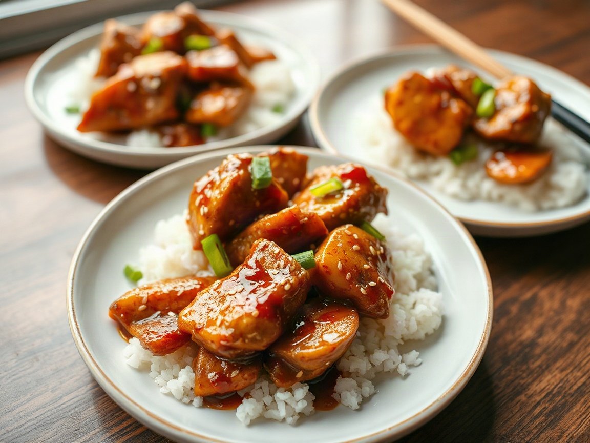 General Tso's Chicken plated as two servings, close-up