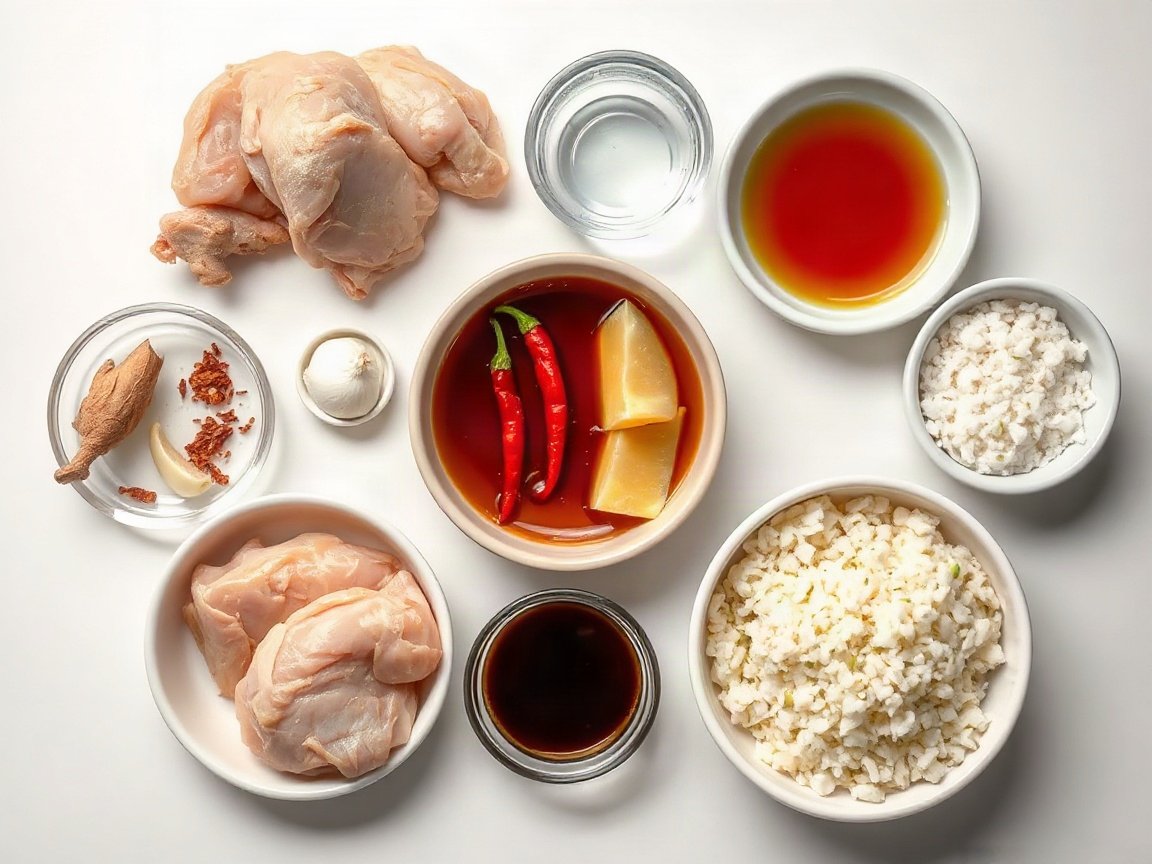 Ingredients for General Tso's Chicken: chicken thighs, cornstarch for coating, neutral oil, ginger, garlic, red pepper flakes, cold water, soy sauce, rice vinegar, hoisin sauce, sugar, cornstarch for sauce, sesame seeds, scallion and rice